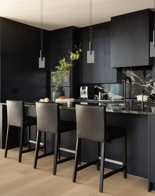 Rainey Street Residence: Matte-black full-custom cabinetry, floor-to-ceiling concealed appliances, black-and-white veined stone backsplash, light oak floors — view 1