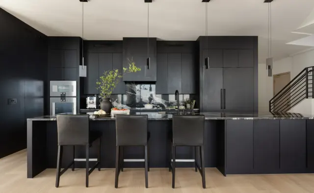 Rainey Street Residence: Matte-black full-custom cabinetry, floor-to-ceiling concealed appliances, black-and-white veined stone backsplash, light oak floors — view 2