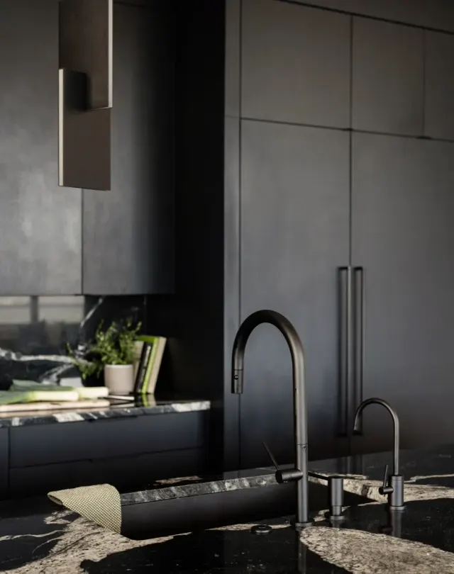 Rainey Street Residence: Matte-black full-custom cabinetry, floor-to-ceiling concealed appliances, black-and-white veined stone backsplash, light oak floors — view 3