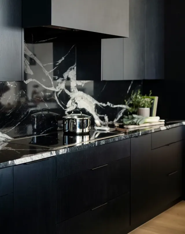 Rainey Street Residence: Matte-black full-custom cabinetry, floor-to-ceiling concealed appliances, black-and-white veined stone backsplash, light oak floors — view 6